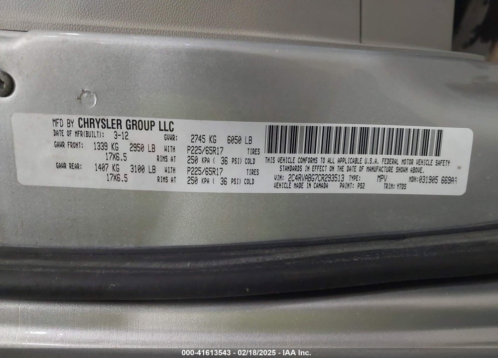 2012 VOLKSWAGEN ROUTAN SE VIN: 2C4RVABG7CR293513