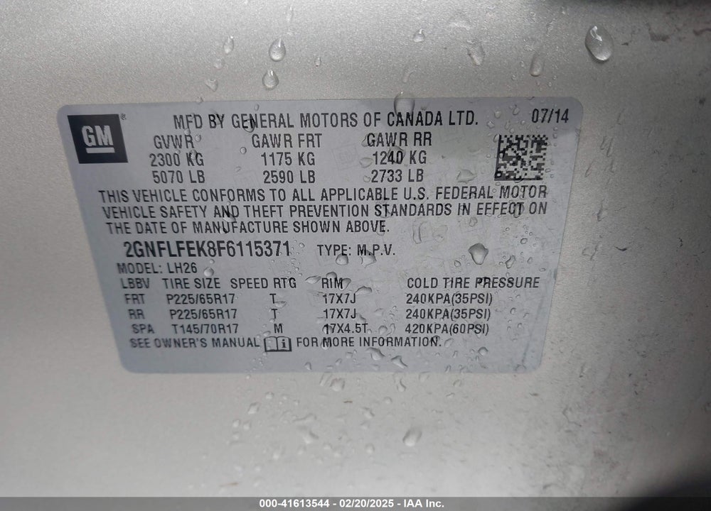 2015 CHEVROLET EQUINOX VIN: 2GNFLFEK8F6115371