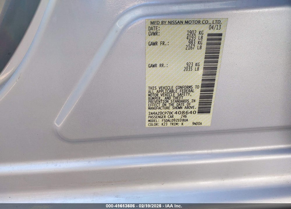 2013 NISSAN LEAF VIN: 1N4AZ0CP7DC408640