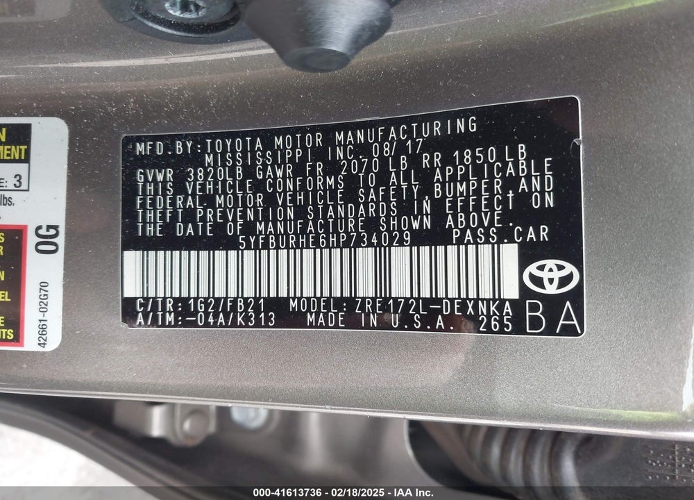 2017 TOYOTA COROLLA VIN: 5YFBURHE6HP734029