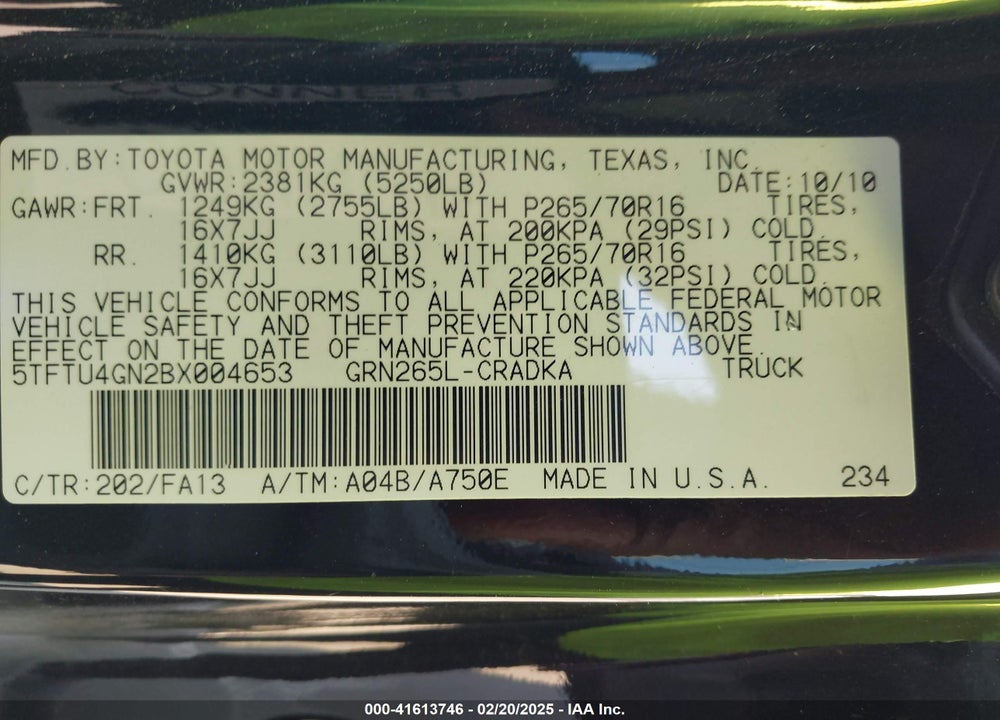 2011 TOYOTA TACOMA VIN: 5TFTU4GN2BX004653