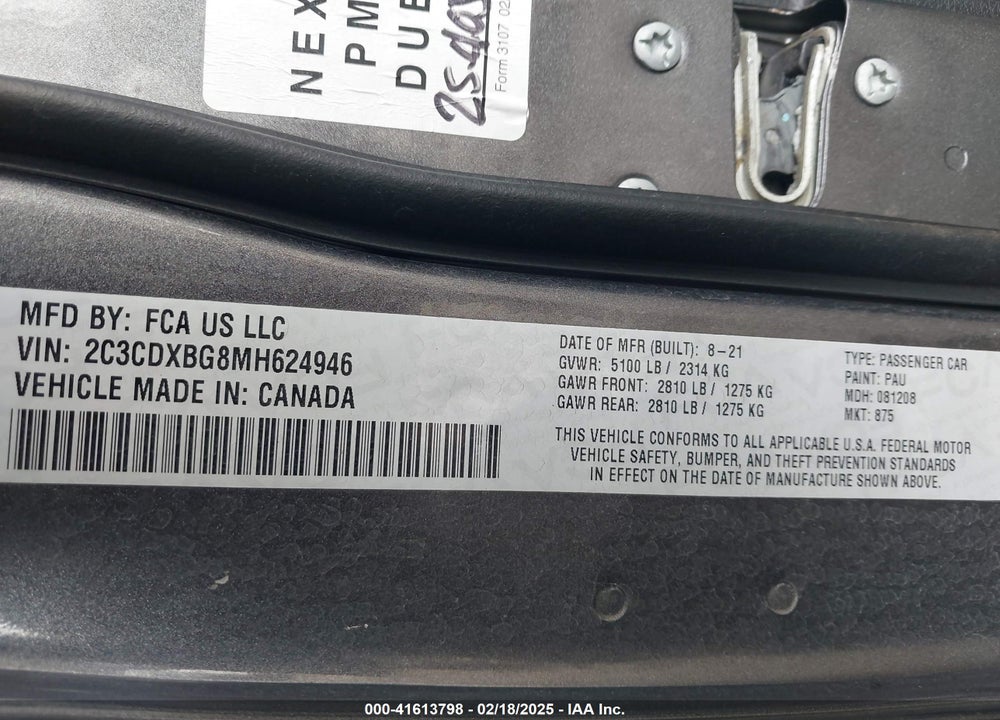 2021 DODGE CHARGER VIN: 2C3CDXBG8MH624946