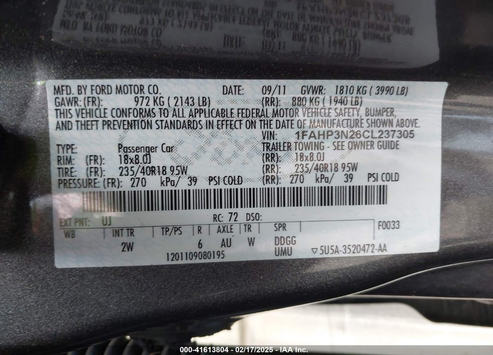 2012 FORD FOCUS VIN: 1FAHP3N26CL237305