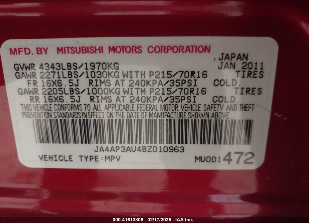 2011 MITSUBISHI OUTLANDER SPORT ES VIN: JA4AP3AU4BZ010963