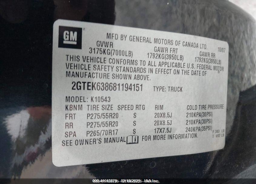 2008 GMC SIERRA 1500 DENALI VIN: 2GTEK638681194151