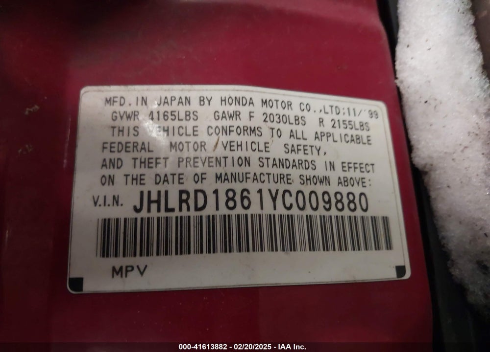 2000 HONDA CR-V EX VIN: JHLRD1861YC009880