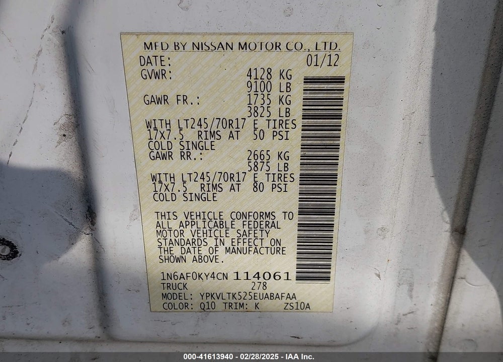 2012 NISSAN NV 2500 NV2500 HD SV V8 VIN: 1N6AF0KY4CN114061