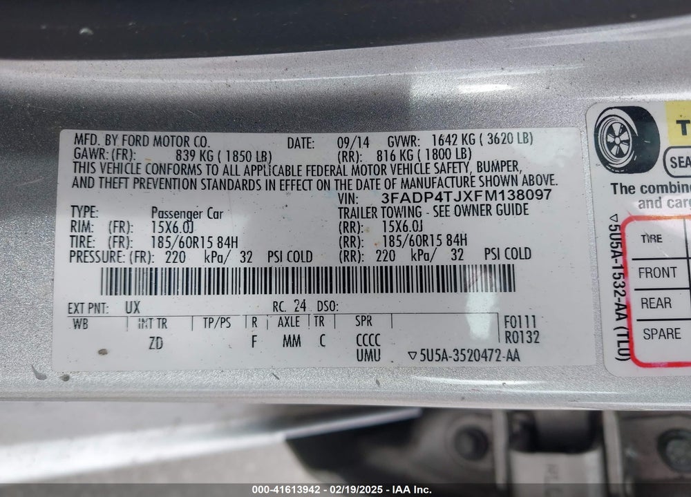 2015 FORD FIESTA VIN: 3FADP4TJXFM138097