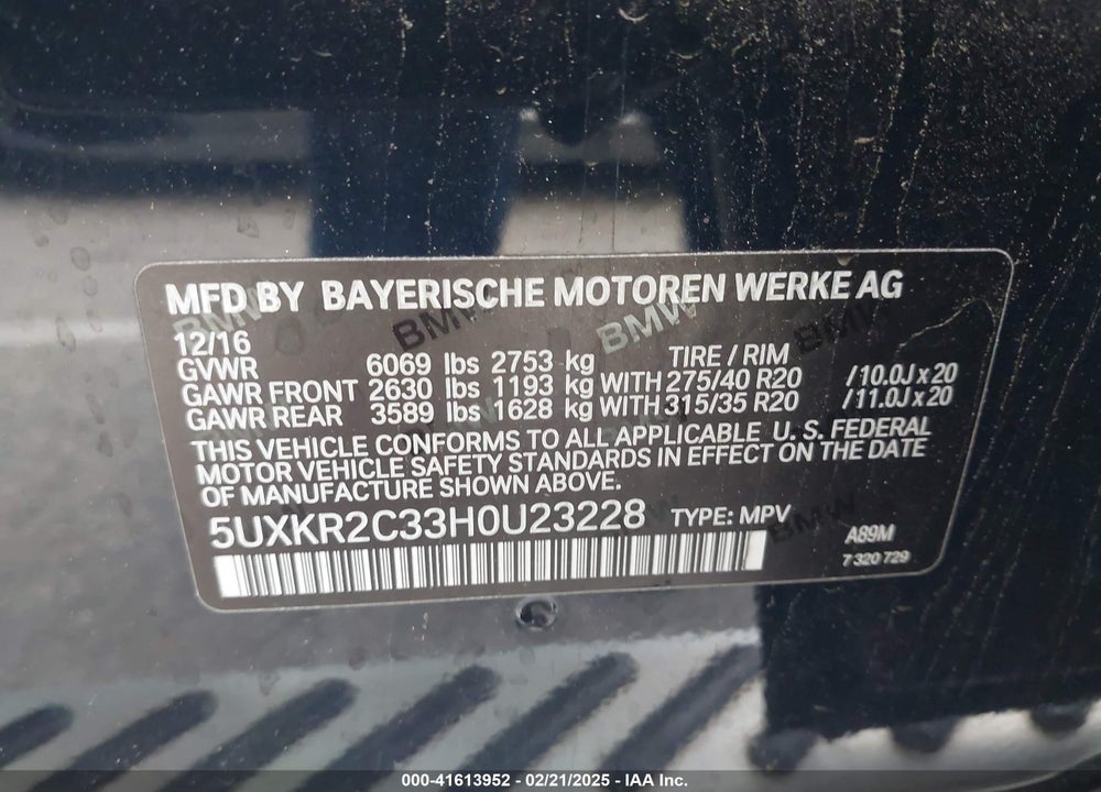 2017 BMW X5 SDRIVE35I VIN: 5UXKR2C33H0U23228