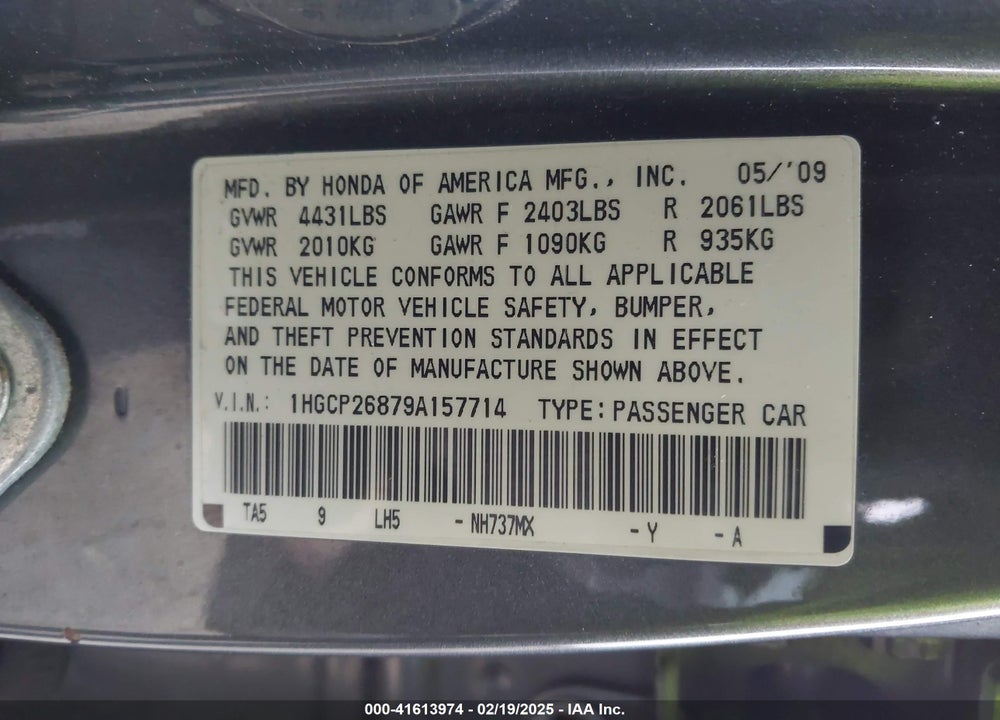 2009 HONDA ACCORD 2.4 EX-L VIN: 1HGCP26879A157714