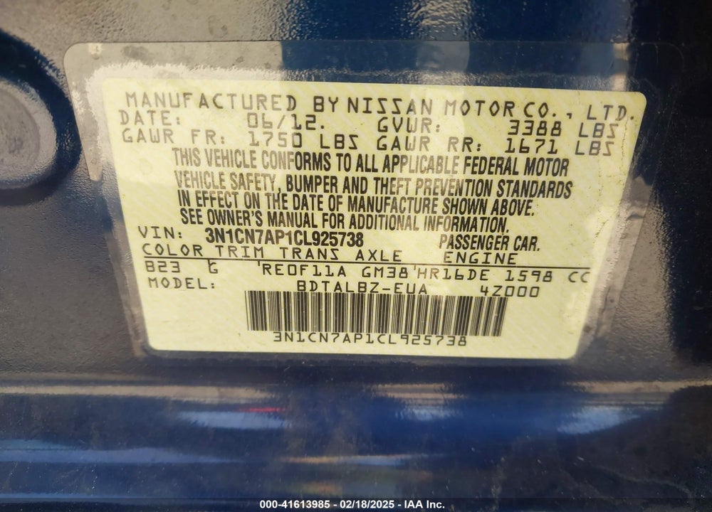 2012 NISSAN VERSA VIN: 3N1CN7AP1CL925738