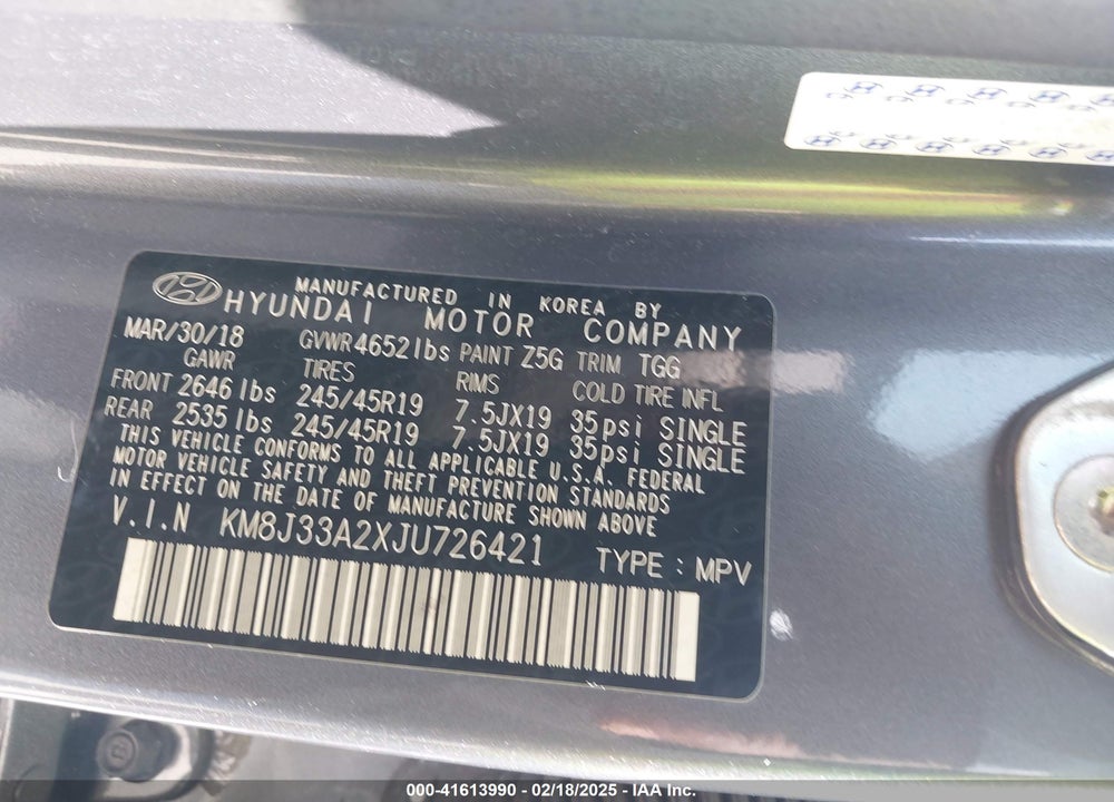 2018 HYUNDAI TUCSON VALUE VIN: KM8J33A2XJU726421