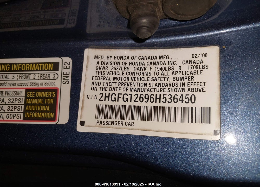 2006 HONDA CIVIC VIN: 2HGFG12696H536450
