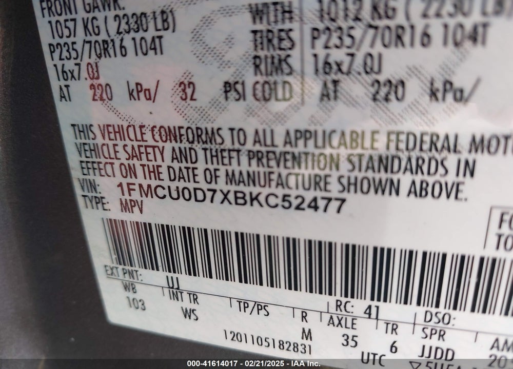 2011 FORD ESCAPE XLT VIN: 1FMCU0D7XBKC52477