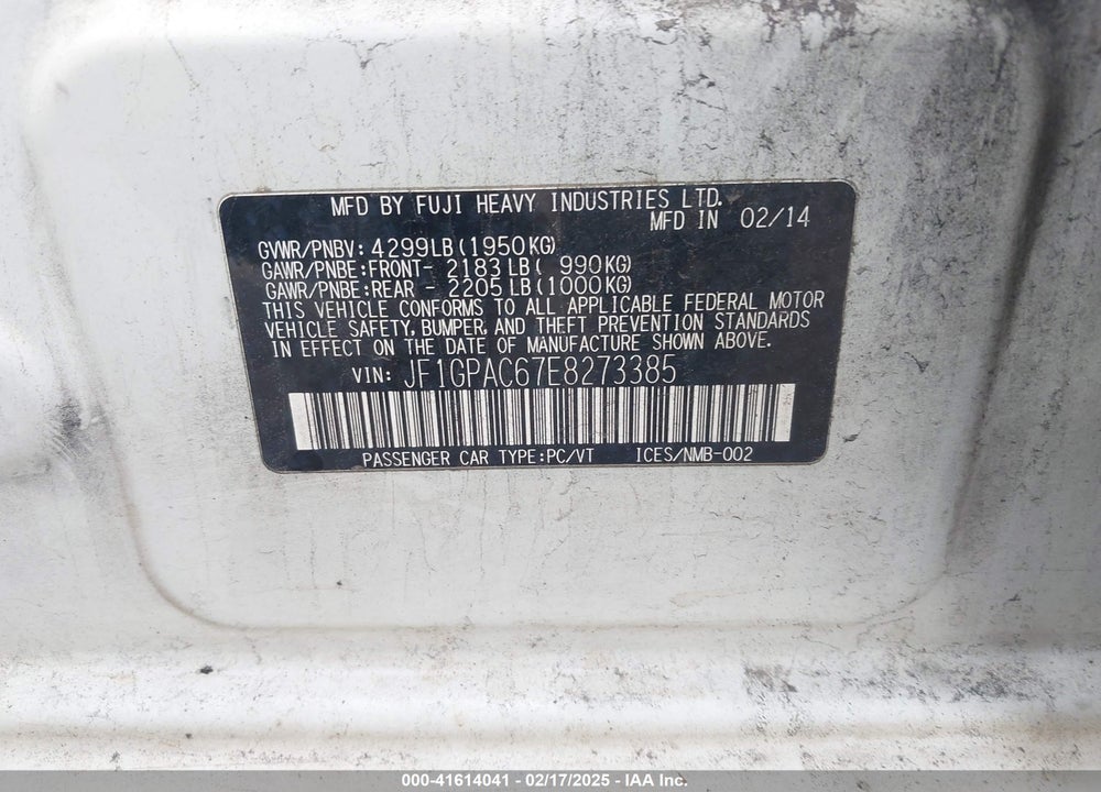 2014 SUBARU IMPREZA VIN: JF1GPAC67E8273385