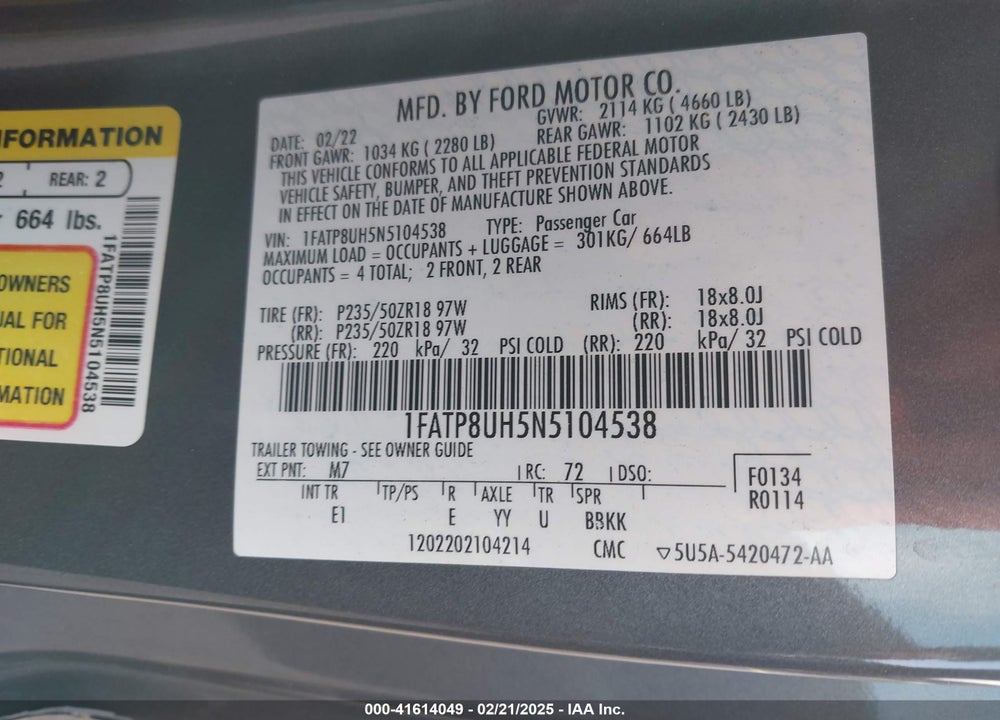 2022 FORD MUSTANG VIN: 1FATP8UH5N5104538