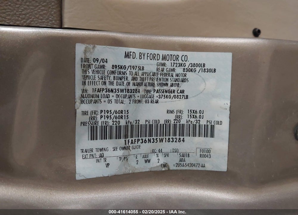 2005 FORD FOCUS ZXW VIN: 1FAFP36N35W183284