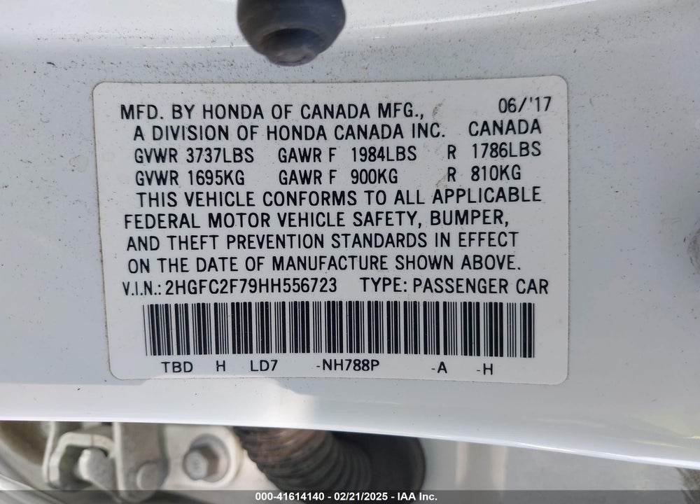 2017 HONDA CIVIC EX VIN: 2HGFC2F79HH556723