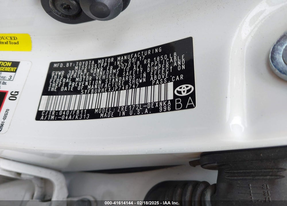 2018 TOYOTA COROLLA VIN: 5YFBURHEXJP748747
