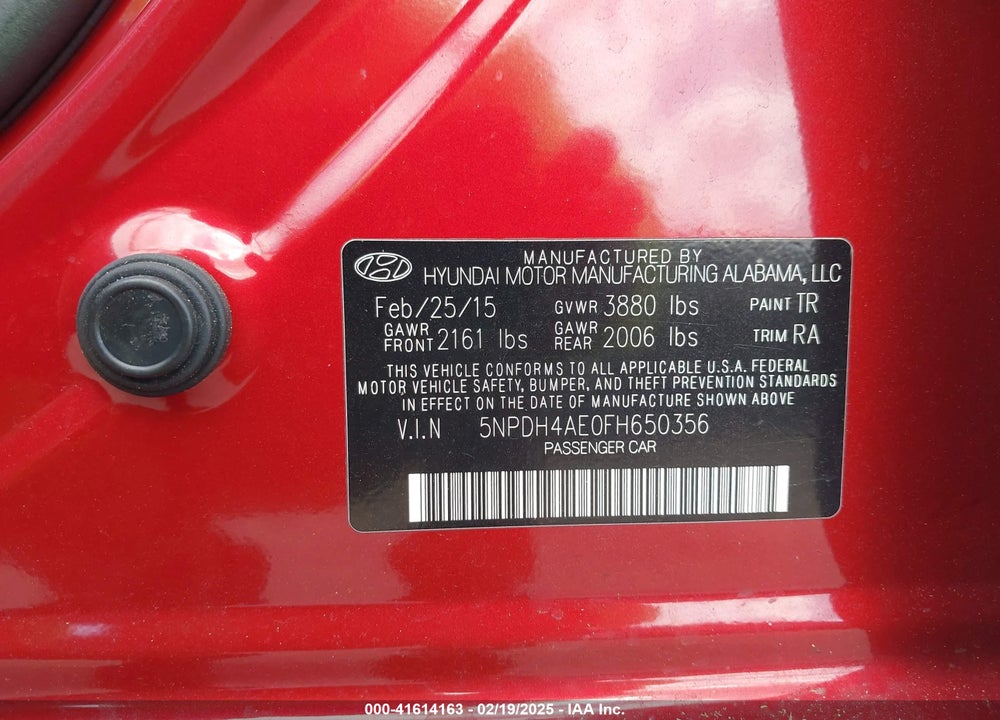 2015 HYUNDAI ELANTRA VIN: 5NPDH4AE0FH650356