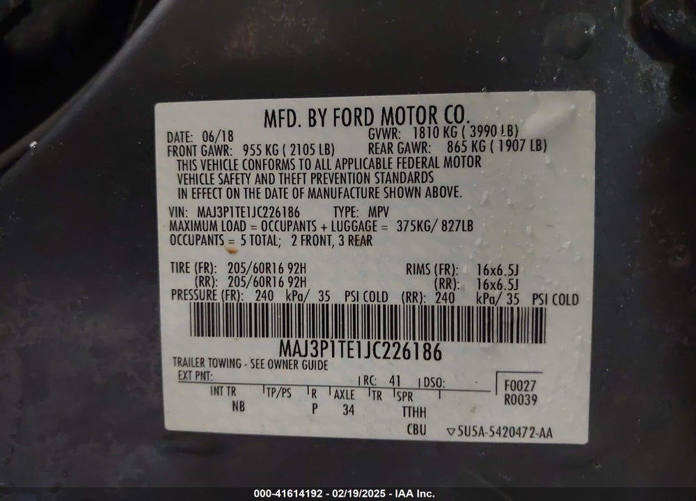 2018 FORD ECOSPORT VIN: MAJ3P1TE1JC226186
