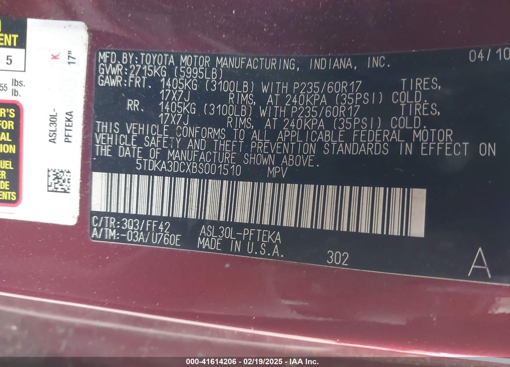 2011 TOYOTA SIENNA VIN: 5TDKA3DCXBS001510