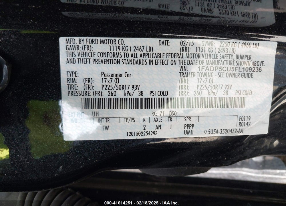 2015 FORD C-MAX ENERGI VIN: 1FADP5CU5FL109236