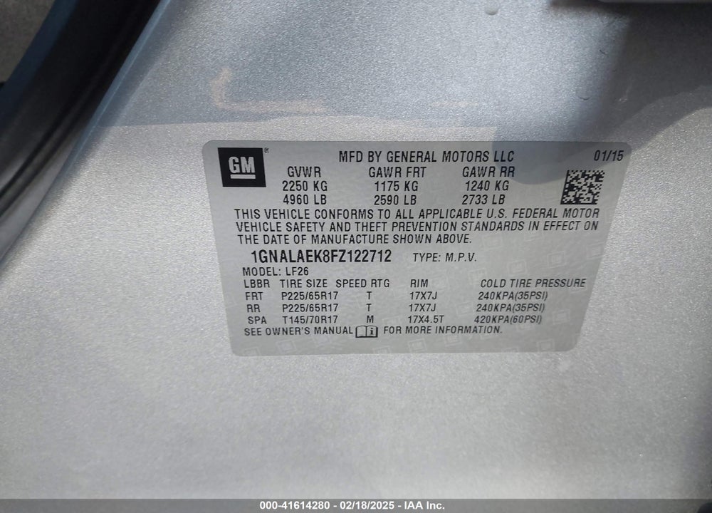2015 CHEVROLET EQUINOX LS VIN: 1GNALAEK8FZ122712