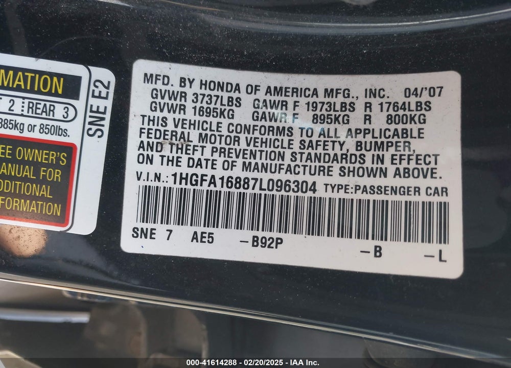 2016 NISSAN VERSA VIN: 1HGFA16887L096304