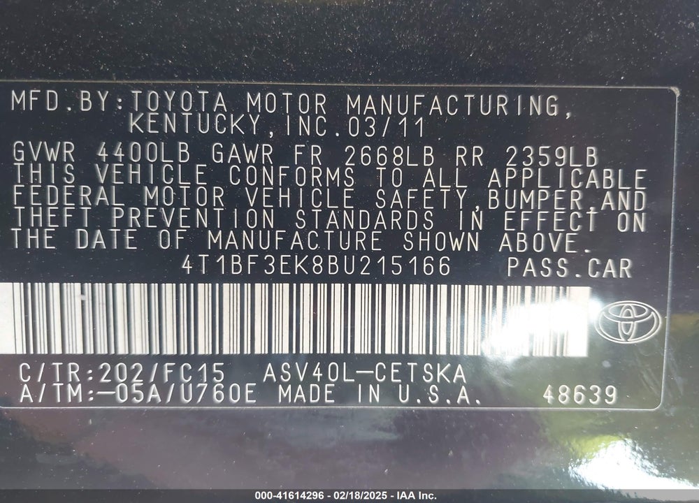 2011 TOYOTA CAMRY VIN: 4T1BF3EK8BU215166