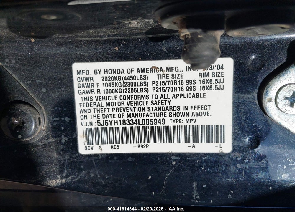 2004 HONDA ELEMENT VIN: 5J6YH18334L005949