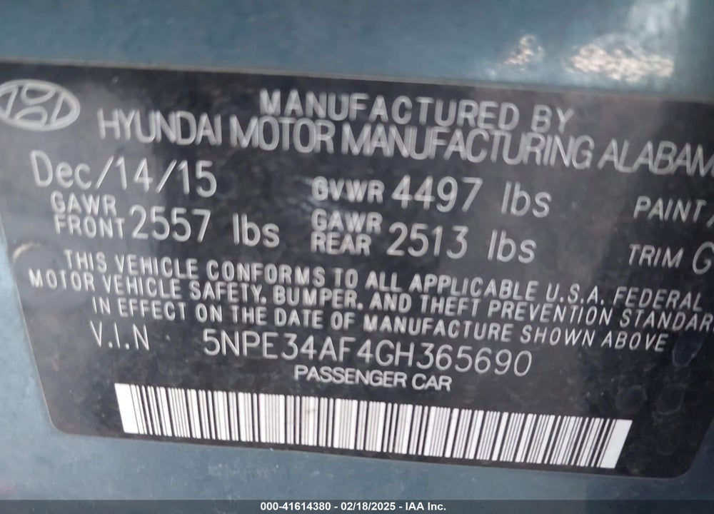 2016 HYUNDAI SONATA VIN: 5NPE34AF4GH365690