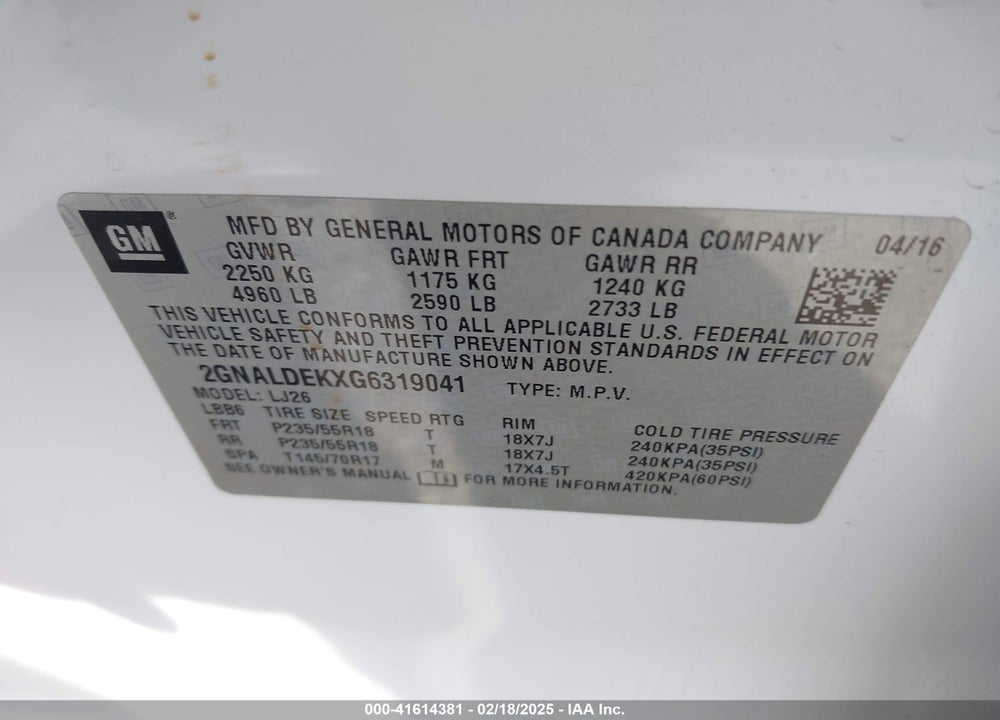 2016 CHEVROLET EQUINOX LTZ VIN: 2GNALDEKXG6319041