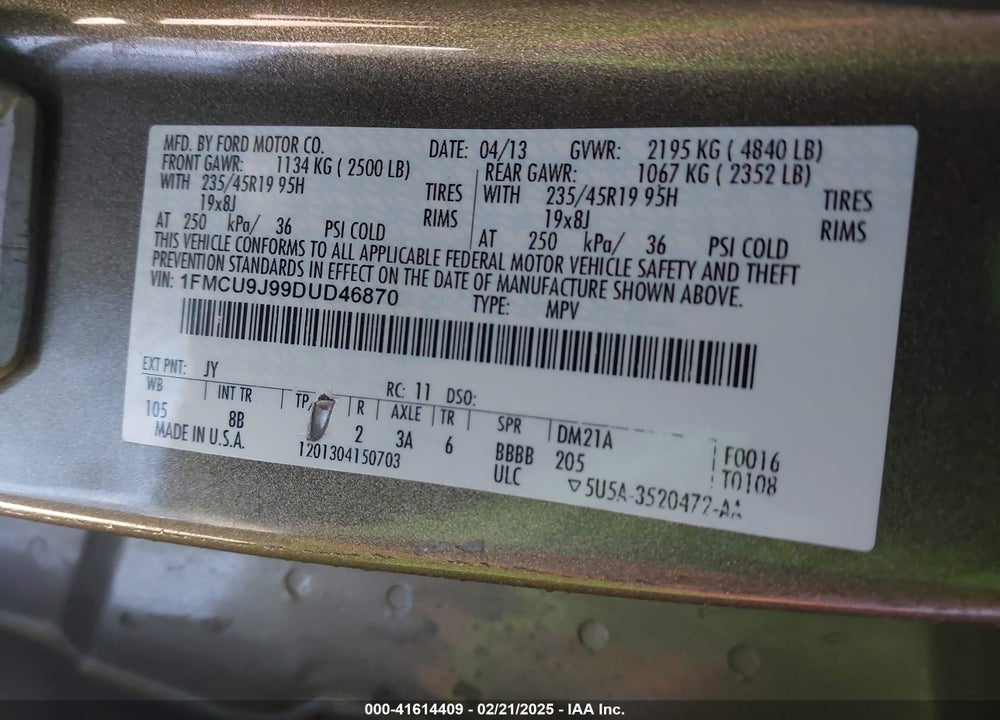 2013 FORD ESCAPE VIN: 1FMCU9J99DUD46870