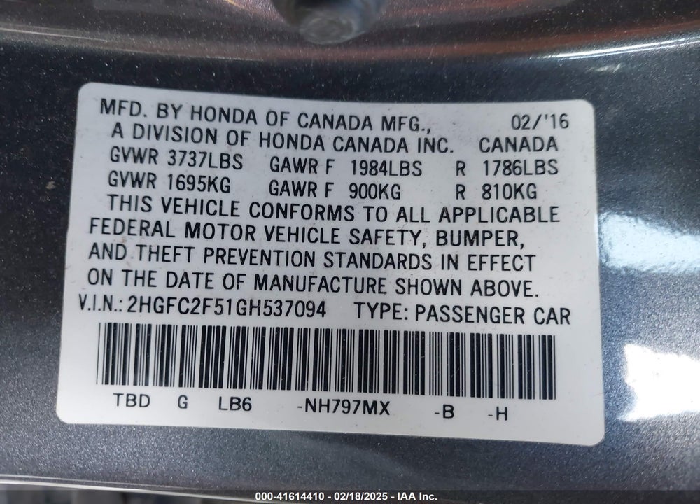 2016 HONDA CIVIC VIN: 2HGFC2F51GH537094