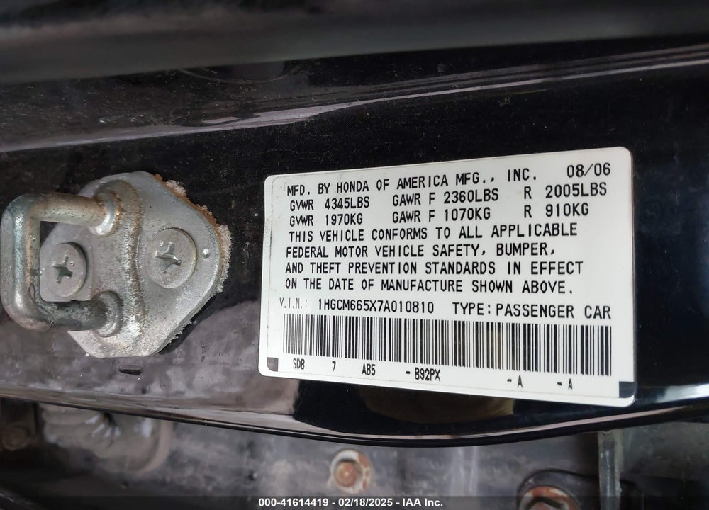 2007 HONDA ACCORD VIN: 1HGCM665X7A010810