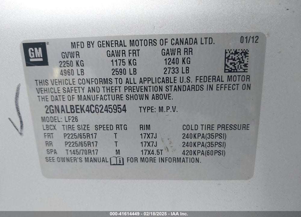 2012 CHEVROLET EQUINOX VIN: 2GNALBEK4C6245954
