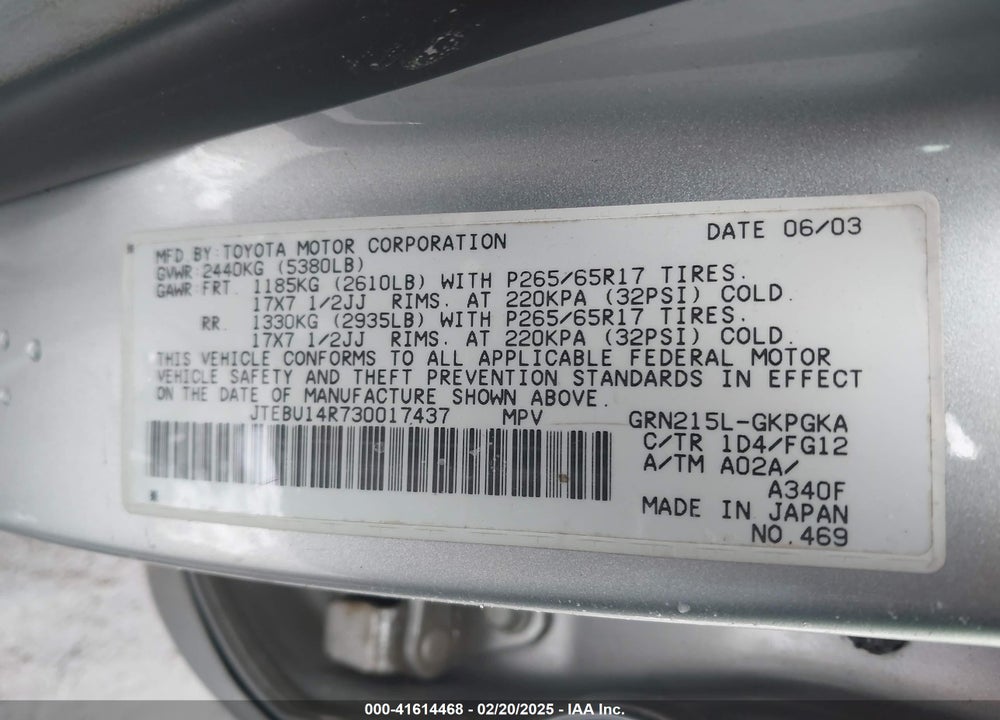 2003 TOYOTA 4RUNNER SR5 V6 VIN: JTEBU14R730017437