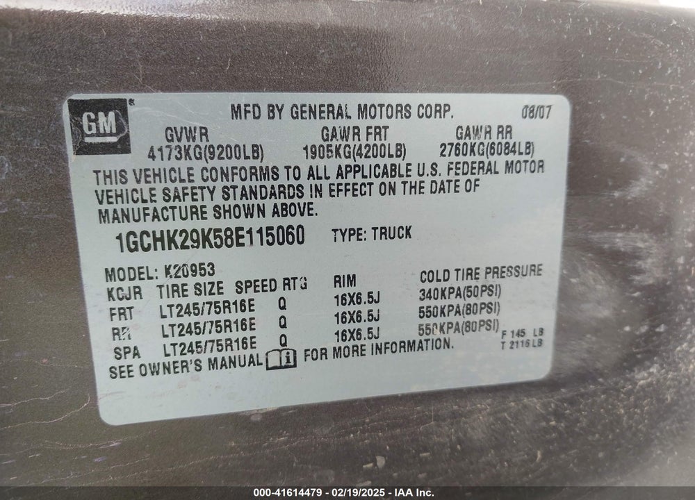 2008 CHEVROLET SILVERADO 2500HD LT1 VIN: 1GCHK29K58E115060