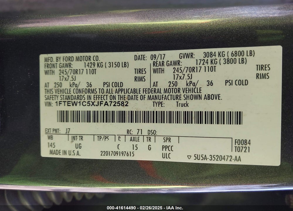 2018 FORD F-150 VIN: 1FTEW1C5XJFA72582