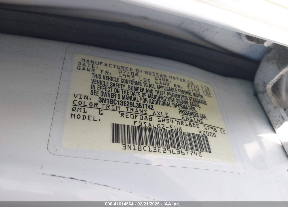 2009 NISSAN VERSA 1.8SL VIN: 3N1BC13E29L367742