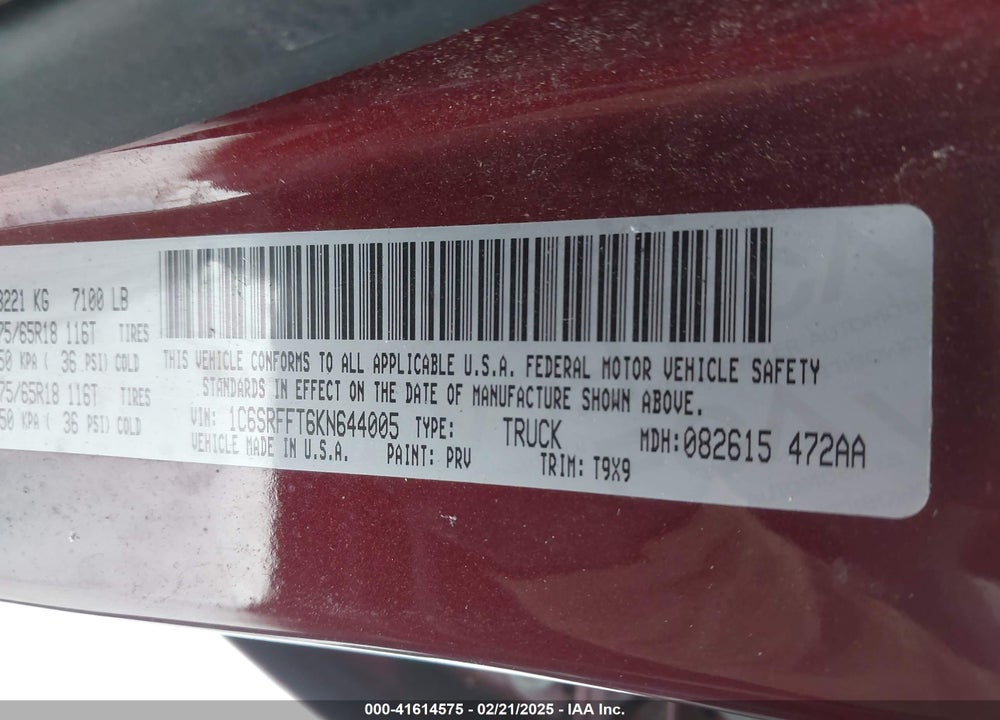 2019 RAM 1500 VIN: 1C6SRFFT6KN644005