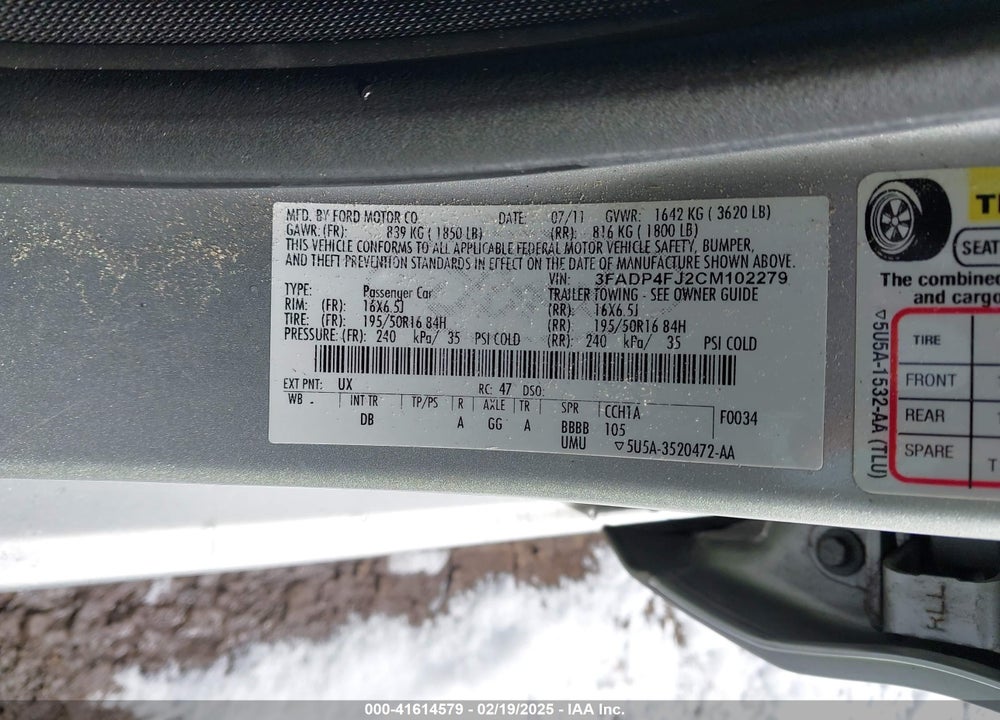 2012 FORD FIESTA VIN: 3FADP4FJ2CM102279