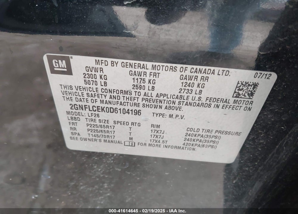 2013 CHEVROLET EQUINOX LS VIN: 2GNFLCEK0D6104196