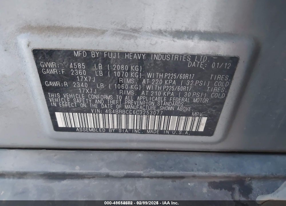 2012 SUBARU OUTBACK VIN: 4S4BRBCC6C3253077