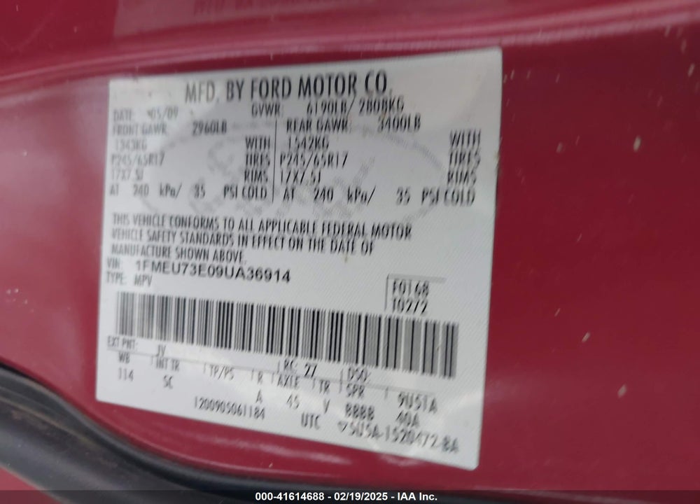 2009 FORD EXPLORER XLT VIN: 1FMEU73E09UA36914