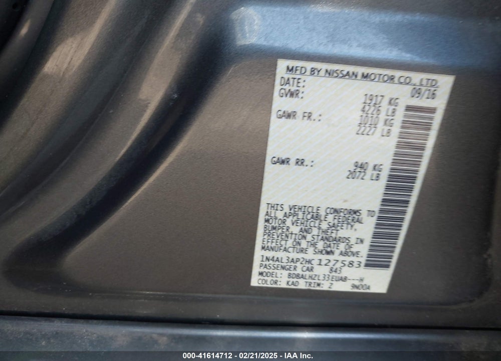 2017 NISSAN ALTIMA VIN: 1N4AL3AP2HC127583