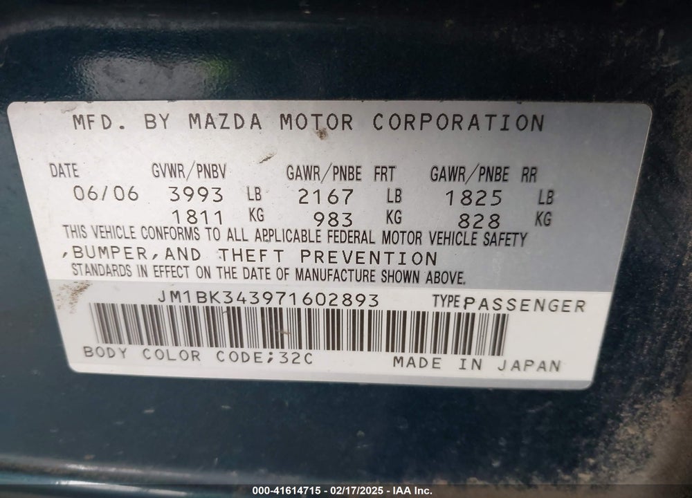 2007 MAZDA MAZDA3 VIN: JM1BK343971602893