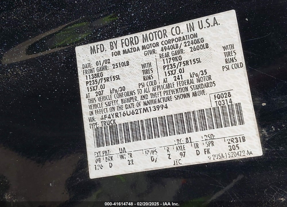 2002 MAZDA B3000 DS VIN: 4F4YR16U62TM13994