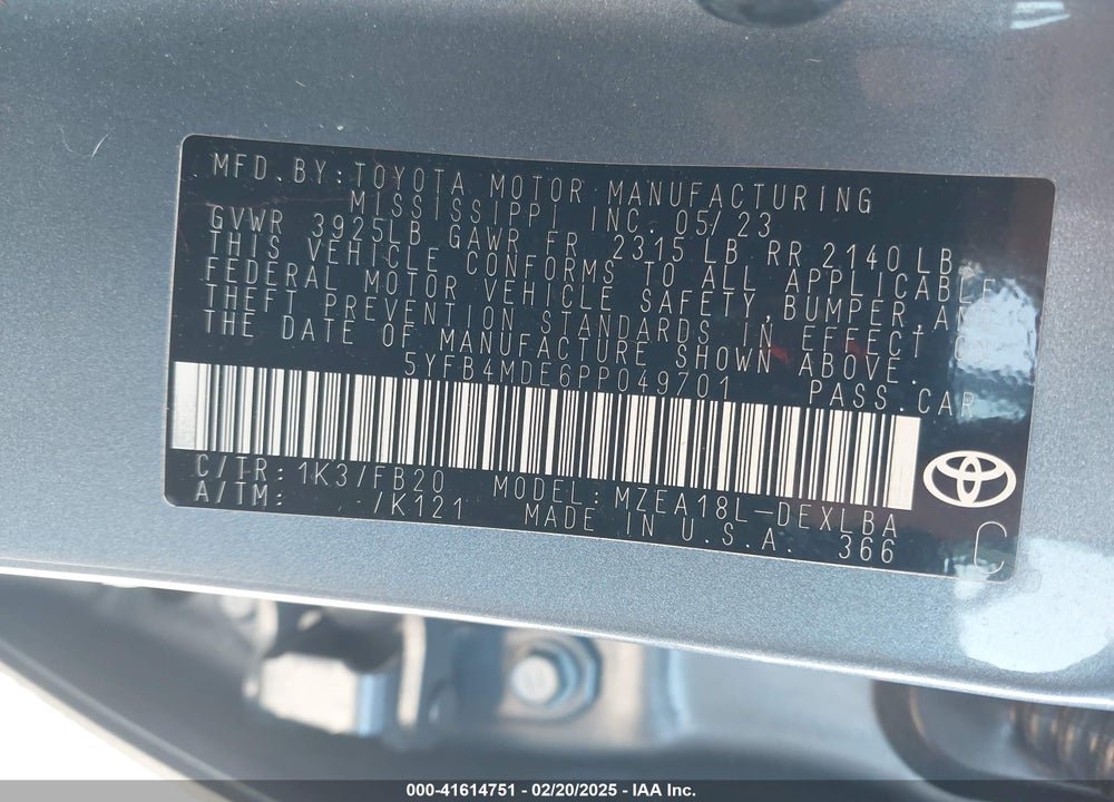 2023 TOYOTA COROLLA VIN: 5YFB4MDE6PP049701
